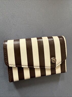 Henri Bendel Brown & Cream Striped Compact Wallet Card Holder